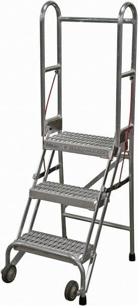 Cotterman - 60" 3 Step Rolling Warehouse Ladder - Portable Folding Safety Ladder, 350 Lb Capacity, 30" Platform Height, 21" Base Width x 28" Base Depth, Serrated - Makers Industrial Supply