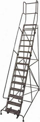 Cotterman - 192" 15 Step Rolling Warehouse Ladder - 50° Incline, 450 Lb Capacity, 150" Platform Height, 44" Base Width x 143" Base Depth, Perforated Tread - Makers Industrial Supply