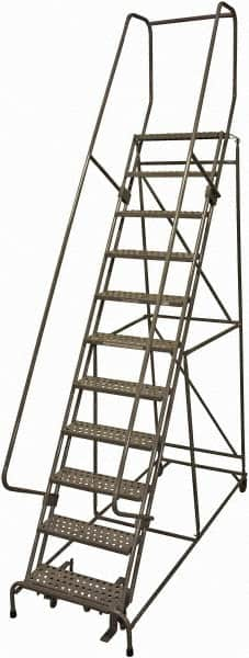 Cotterman - 140" 11 Step Rolling Warehouse Ladder - 50° Incline, 450 Lb Capacity, 110" Platform Height, 34" Base Width x 106" Base Depth, Perforated Tread - Makers Industrial Supply