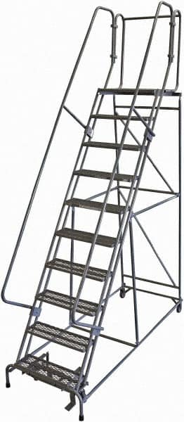 Cotterman - 130" 10 Step Rolling Warehouse Ladder - 50° Incline, 450 Lb Capacity, 100" Platform Height, 34" Base Width x 97" Base Depth, Perforated Tread - Makers Industrial Supply