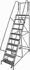 Cotterman - 130" 10 Step Rolling Warehouse Ladder - 50° Incline, 450 Lb Capacity, 100" Platform Height, 34" Base Width x 97" Base Depth, Perforated Tread - Makers Industrial Supply