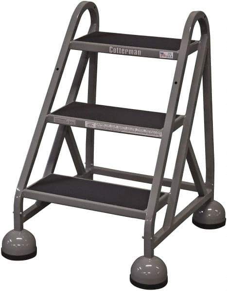 Cotterman - 33" 3 Step Rolling Warehouse Ladder - Rolling Steel Office Ladder, 450 Lb Capacity, 27" Platform Height, 25" Base Width x 28" Base Depth, Rubber Matted - Makers Industrial Supply