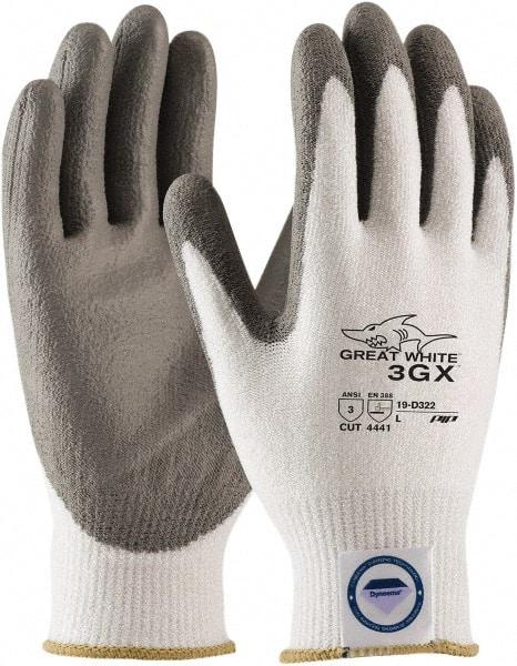 PIP - Size L (9), ANSI Cut Lvl A3, Puncture Lvl 2, Abrasion Lvl 4, Polyurethane Coated Dyneema Diamond HPPE liner Cut Resistant Gloves - 9.6" Long, Palm & Fingertips Coated, Dyneema Diamond Lining, Knit Wrist, White/Gray, Paired - Makers Industrial Supply