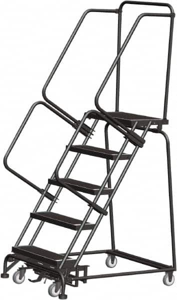 Ballymore - 83" 5 Step Rolling Warehouse Ladder - Lock Step Rolling Safety Ladder, 450 Lb Capacity, 50" Platform Height, 32" Base Width x 43" Base Depth, Perforated Tread - Makers Industrial Supply