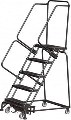 Ballymore - 83" 5 Step Rolling Warehouse Ladder - Lock Step Rolling Safety Ladder, 450 Lb Capacity, 50" Platform Height, 32" Base Width x 43" Base Depth, Perforated Tread - Makers Industrial Supply