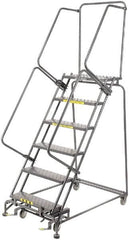 Ballymore - 93" 6 Step Rolling Warehouse Ladder - Lock Step Rolling Safety Ladder, 450 Lb Capacity, 60" Platform Height, 32" Base Width x 49" Base Depth, Perforated Tread - Makers Industrial Supply