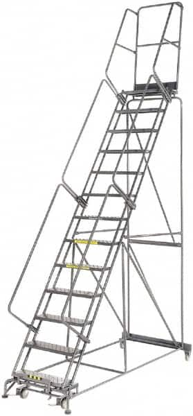 Ballymore - 175" 13 Step Rolling Warehouse Ladder - Lock Step Rolling Safety Ladder, 450 Lb Capacity, 130" Platform Height, 40" Base Width x 94" Base Depth, Perforated Tread - Makers Industrial Supply