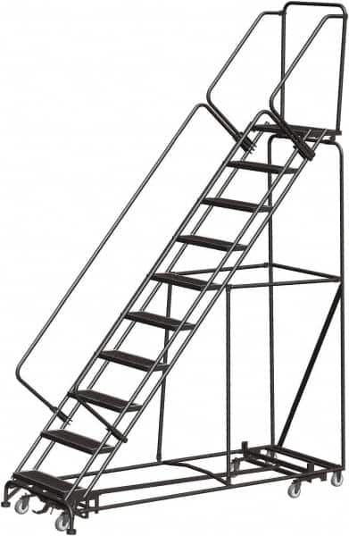 Ballymore - 133" 10 Step Rolling Warehouse Ladder - Lock Step Rolling Safety Ladder, 450 Lb Capacity, 100" Platform Height, 32" Base Width x 90" Base Depth, Perforated Tread - Makers Industrial Supply