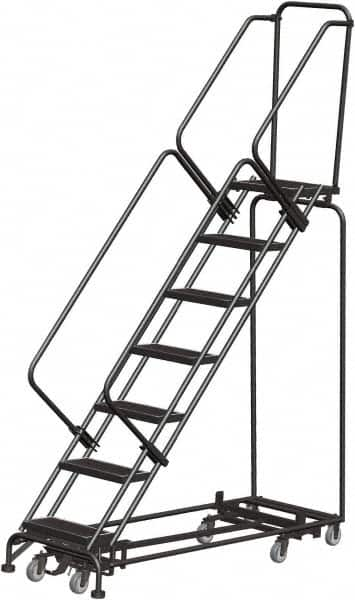 Ballymore - 103" 7 Step Rolling Warehouse Ladder - Lock Step Rolling Safety Ladder, 450 Lb Capacity, 70" Platform Height, 32" Base Width x 66" Base Depth, Perforated Tread - Makers Industrial Supply