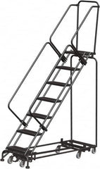 Ballymore - 103" 7 Step Rolling Warehouse Ladder - Lock Step Rolling Safety Ladder, 450 Lb Capacity, 70" Platform Height, 32" Base Width x 66" Base Depth, Perforated Tread - Makers Industrial Supply