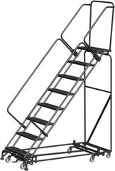 Ballymore - 113" 8 Step Rolling Warehouse Ladder - Lock Step Rolling Safety Ladder, 450 Lb Capacity, 80" Platform Height, 24" Base Width x 74" Base Depth, Perforated Tread - Makers Industrial Supply