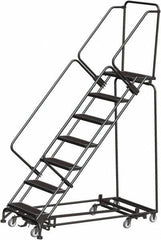 Ballymore - 103" 7 Step Rolling Warehouse Ladder - Lock Step Rolling Safety Ladder, 450 Lb Capacity, 70" Platform Height, 24" Base Width x 66" Base Depth, Perforated Tread - Makers Industrial Supply