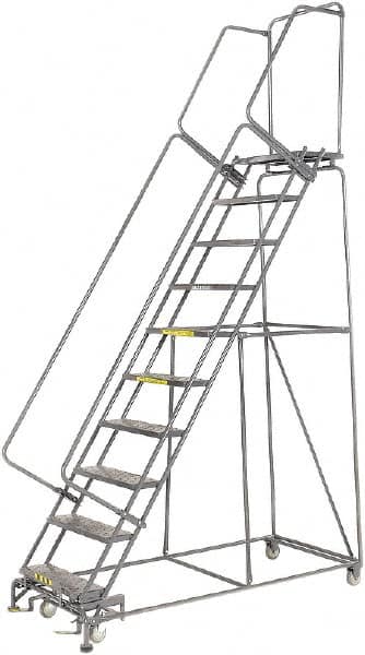 Ballymore - 133" 10 Step Rolling Warehouse Ladder - Lock Step Rolling Safety Ladder, 450 Lb Capacity, 100" Platform Height, 32" Base Width x 74" Base Depth, Perforated Tread - Makers Industrial Supply