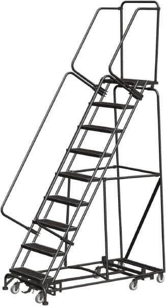 Ballymore - 123" 9 Step Rolling Warehouse Ladder - Lock Step Rolling Safety Ladder, 450 Lb Capacity, 90" Platform Height, 32" Base Width x 68" Base Depth, Perforated Tread - Makers Industrial Supply