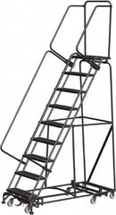 Ballymore - 123" 9 Step Rolling Warehouse Ladder - Lock Step Rolling Safety Ladder, 450 Lb Capacity, 90" Platform Height, 32" Base Width x 68" Base Depth, Perforated Tread - Makers Industrial Supply