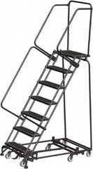 Ballymore - 103" 7 Step Rolling Warehouse Ladder - Lock Step Rolling Safety Ladder, 450 Lb Capacity, 70" Platform Height, 32" Base Width x 55" Base Depth, Perforated Tread - Makers Industrial Supply