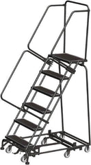 Ballymore - 93" 6 Step Rolling Warehouse Ladder - Lock Step Rolling Safety Ladder, 450 Lb Capacity, 60" Platform Height, 32" Base Width x 49" Base Depth, Perforated Tread - Makers Industrial Supply