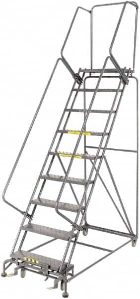 Ballymore - 123" 9 Step Rolling Warehouse Ladder - Lock Step Rolling Safety Ladder, 450 Lb Capacity, 90" Platform Height, 32" Base Width x 68" Base Depth, Perforated Tread - Makers Industrial Supply