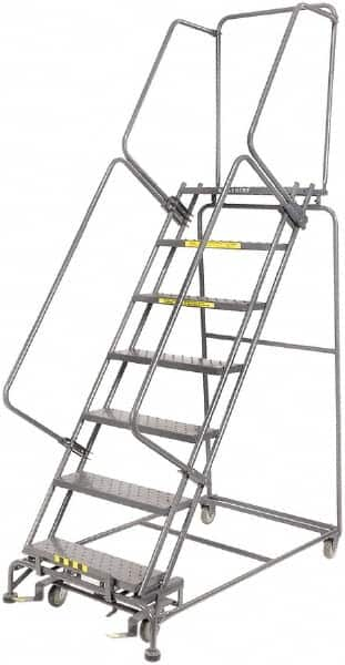 Ballymore - 103" 7 Step Rolling Warehouse Ladder - Lock Step Rolling Safety Ladder, 450 Lb Capacity, 70" Platform Height, 32" Base Width x 55" Base Depth, Perforated Tread - Makers Industrial Supply