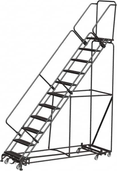 Ballymore - 143" 11 Step Rolling Warehouse Ladder - Lock Step Rolling Safety Ladder, 450 Lb Capacity, 110" Platform Height, 32" Base Width x 98" Base Depth, Perforated Tread - Makers Industrial Supply