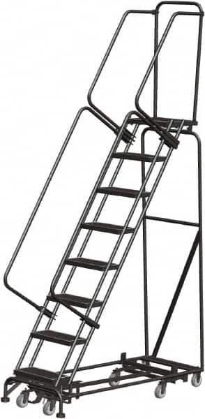 Ballymore - 113" 8 Step Rolling Warehouse Ladder - Lock Step Rolling Safety Ladder, 450 Lb Capacity, 80" Platform Height, 24" Base Width x 61" Base Depth, Perforated Tread - Makers Industrial Supply