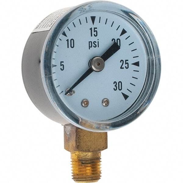 Value Collection - 1-1/2" Dial, 1/8 Thread, 0-30 Scale Range, Pressure Gauge - Lower Connection Mount - Makers Industrial Supply