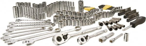 Stanley - 145 Piece 1/4" & 3/8" Drive Chrome Vanadium Finish Deep Well Socket Set - 6 Points, 5/32" to 11/16" (4mm to 17mm) Range, Inch/Metric Measurement Standard - Makers Industrial Supply