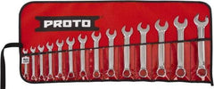 Proto - 14 Piece, 6mm to 19mm, 12 Point Extra Short Combination Wrench Set - Metric Measurement Standard, Full Polish Chrome Finish, Comes in Tool Roll - Makers Industrial Supply