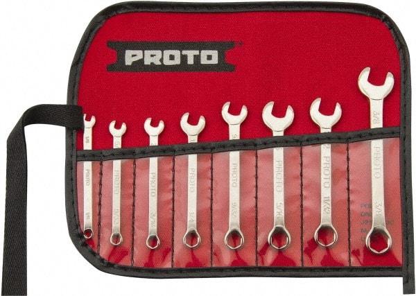 Proto - 8 Piece, 1/8" to 3/8", 6 Point Extra Short Combination Wrench Set - Inch Measurement Standard, Full Polish Finish, Comes in Nylon Roll - Makers Industrial Supply