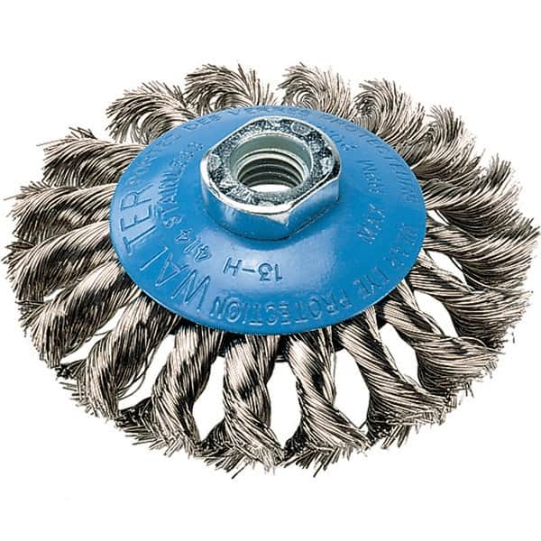 WALTER Surface Technologies - 4" Diam, 5/8-11 Threaded Arbor, Stainless Steel Fill Cup Brush - 0.015 Wire Diam, 20,000 Max RPM - Makers Industrial Supply