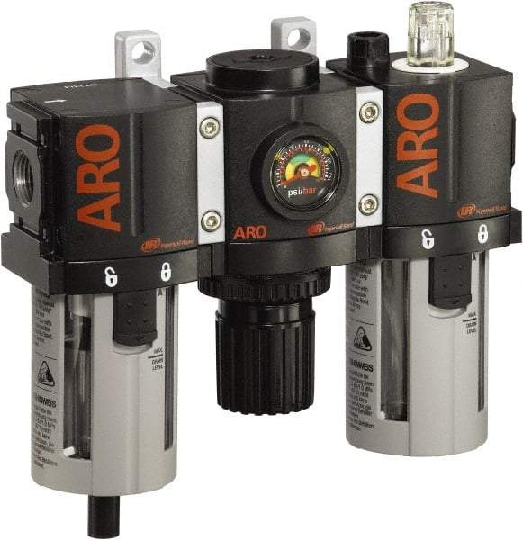 ARO/Ingersoll-Rand - 1/4" NPT Port Compact 3 Piece Filter-Regulator-Lubricator FRL Unit - Polycarbonate Bowl, 61 SCFM, 150 Max psi, 6.6" High x 6.614" Long, Manual Drain - Makers Industrial Supply