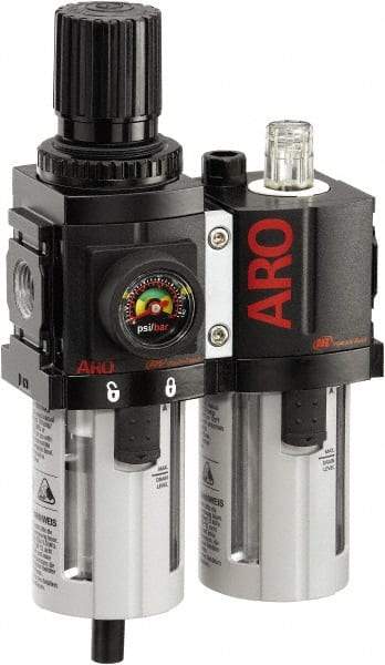 ARO/Ingersoll-Rand - 3/8" NPT Port Compact 2 Piece Filter/Regulator-Lubricator FRL Unit - Polycarbonate Bowl, 71 SCFM, 150 Max psi, 8.15" High x 4.409" Long, Manual Drain - Makers Industrial Supply