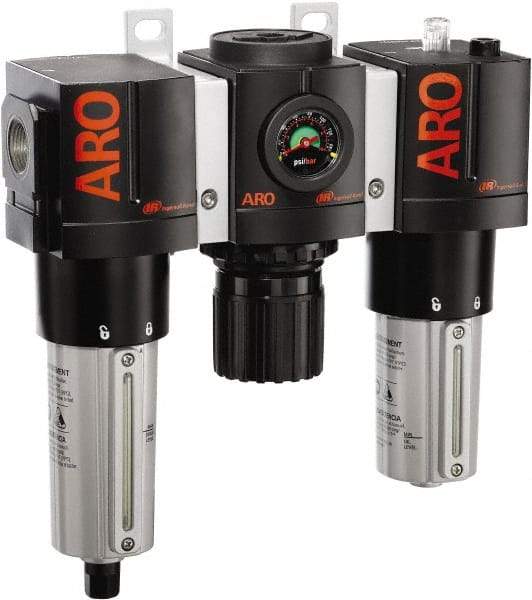 ARO/Ingersoll-Rand - 1" NPT Port Heavy Duty 3 Piece Filter-Regulator-Lubricator FRL Unit - Metal Bowl, 215 SCFM, 250 Max psi, 10.75" High x 11.102" Long, Automatic Drain - Makers Industrial Supply