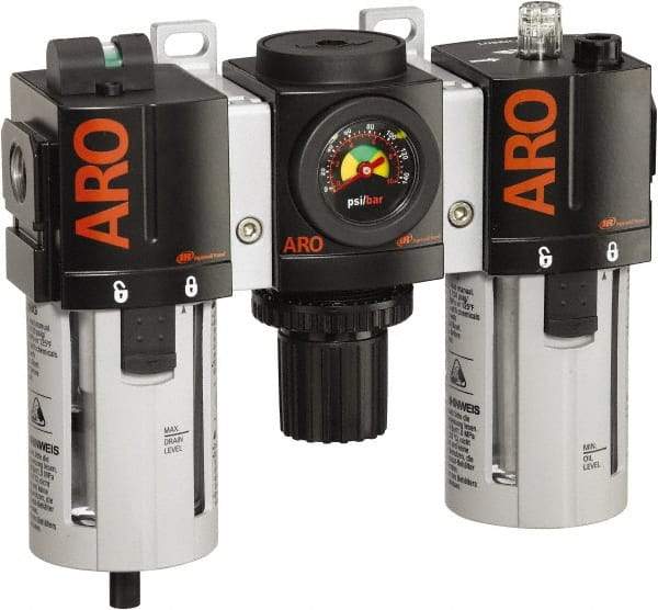 ARO/Ingersoll-Rand - 1/2" NPT Port Standard 3 Piece Filter-Regulator-Lubricator FRL Unit - Polycarbonate Bowl, 150 SCFM, 150 Max psi, 7.7" High x 8.693" Long, Manual Drain - Makers Industrial Supply