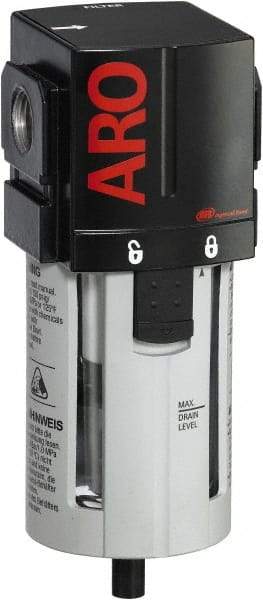 ARO/Ingersoll-Rand - 1/2" Port, 7.047" High x 2.874" Wide Standard Filter with Polycarbonate Bowl, Manual Drain - 197 SCFM, 150 Max psi, 125°F Max Temp, Modular Connection, Bowl Guard, 1.9 oz Bowl Capacity - Makers Industrial Supply