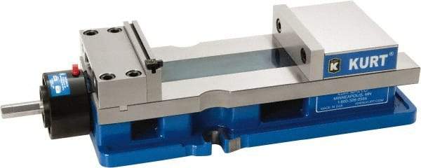 Kurt - 6" Jaw Width, 9" Jaw Opening Capacity, Horizontal Stationary Machine Vise - Reverse Hydraulic Operation, 1 Station, 20.553" Long x 4.86" High x 1-47/64" Deep, 1.735" Jaw Height, 5,250 Lb Max Clamp Force, Ductile Iron - Makers Industrial Supply