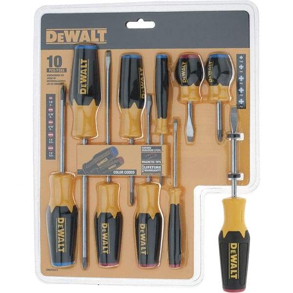 DeWALT - 10 Piece Slotted & Phillips Screwdriver Set - Color Coded Handle, Blade Sizes: Length 6, Width 3/16, 1/4 & 1/8, Bit Sizes: Philips #0 to #2, Tip Thickness: 1/8, 3/16 & 1/4 - Makers Industrial Supply