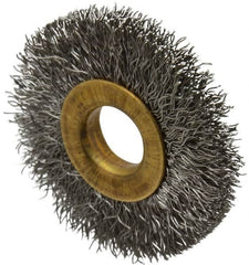 Value Collection - 1-1/2" OD, 3/8" Arbor Hole, Crimped Stainless Steel Wheel Brush - 1/4" Face Width, 3/8" Trim Length, 0.007" Filament Diam, 20,000 RPM - Makers Industrial Supply