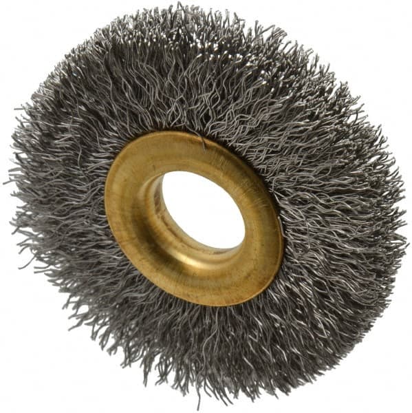 Value Collection - 2" OD, 1/2" Arbor Hole, Crimped Stainless Steel Wheel Brush - 5/16" Face Width, 1/2" Trim Length, 0.007" Filament Diam, 15,000 RPM - Makers Industrial Supply