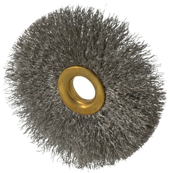 Value Collection - 3" OD, 1/2" Arbor Hole, Crimped Stainless Steel Wheel Brush - 3/8" Face Width, 1" Trim Length, 0.007" Filament Diam, 15,000 RPM - Makers Industrial Supply