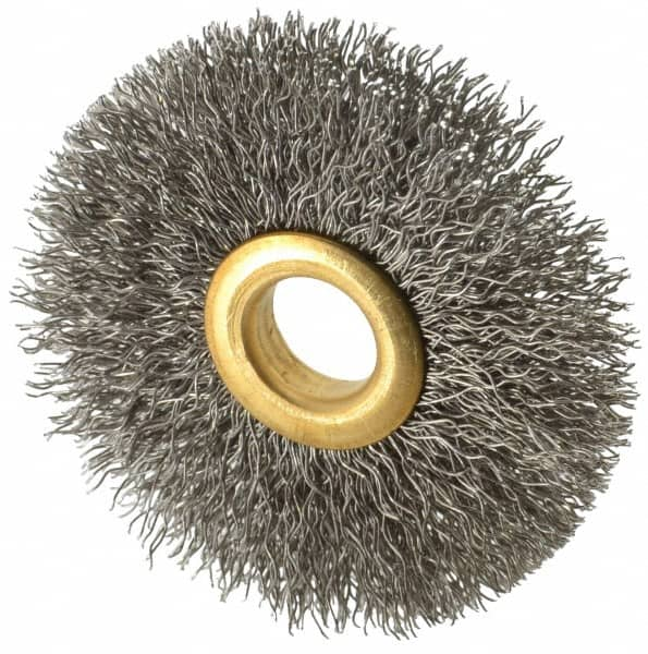 Value Collection - 2-1/2" OD, 1/2" Arbor Hole, Crimped Stainless Steel Wheel Brush - 3/8" Face Width, 3/4" Trim Length, 0.012" Filament Diam, 15,000 RPM - Makers Industrial Supply