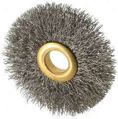 Value Collection - 2-1/2" OD, 1/2" Arbor Hole, Crimped Stainless Steel Wheel Brush - 3/8" Face Width, 3/4" Trim Length, 0.012" Filament Diam, 15,000 RPM - Makers Industrial Supply