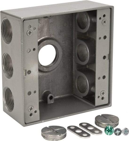 Thomas & Betts - 2 Gang, (7) 3/4" Knockouts, Aluminum Square Outlet Box - 4-9/16" Overall Height x 4-5/8" Overall Width x 2-1/16" Overall Depth, Weather Resistant - Makers Industrial Supply