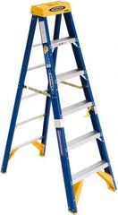 Werner - 6 Steps, 6' High, Type IAA Rating, Fiberglass Step Ladder - 375 Lb Load Capacity, 23-3/8" Base Width - Makers Industrial Supply