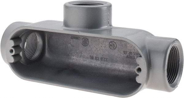 Thomas & Betts - T Body, 1-1/4" Trade, IMC, Rigid Aluminum Conduit Body - Oval, 7-7/8" OAL, 32 cc Capacity, Gray - Makers Industrial Supply