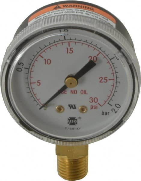 Miller-Smith - 1/4 Inch NPT, 30 Max psi, Steel Case Cylinder Pressure Gauge - 2 Inch Dial Diameter, All Gases - Exact Industrial Supply