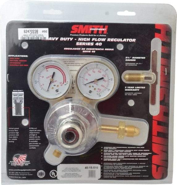 Miller-Smith - 510 CGA Inlet Connection, B L/H Fitting, 15 Max psi, Acetylene Welding Regulator - 9/16-18 Thread, Left Hand Rotation - Exact Industrial Supply