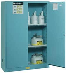 Justrite - 2 Door, 2 Shelf, Blue Steel Standard Safety Cabinet for Corrosive Chemicals - 65" High x 43" Wide x 18" Deep, Manual Closing Door, 3 Point Key Lock, 45 Gal Capacity - Makers Industrial Supply