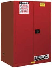 Justrite - 2 Door, 2 Shelf, Red Steel Standard Safety Cabinet for Flammable and Combustible Liquids - 65" High x 43" Wide x 34" Deep, Manual Closing Door, 3 Point Key Lock, 90 Gal Capacity - Makers Industrial Supply