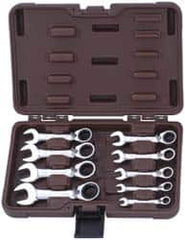 Paramount - 9 Piece, 1/4" to 3/4", Stubby Ratcheting Reversible Combination Wrench Set - Inch Measurement Standard, Full Polish Chrome Finish, Comes in Blow Molded Case - Makers Industrial Supply